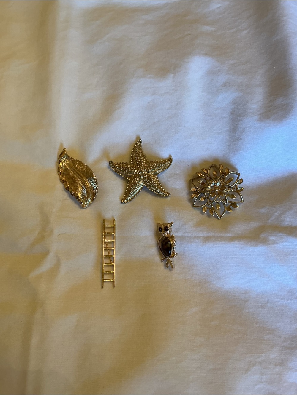 Gold-Tone Starfish, Leaf, Floral, Ladder & Owl Brooch Bundle